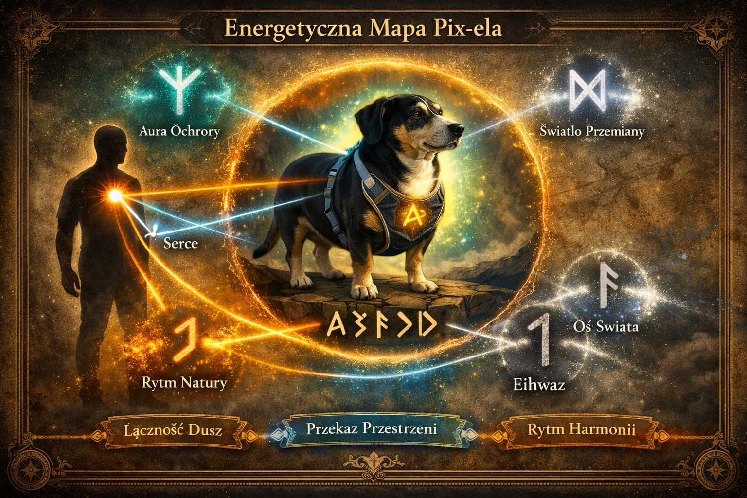 Energetyczna mapa Pix-ela z runami, aurą i liniami rezonansu